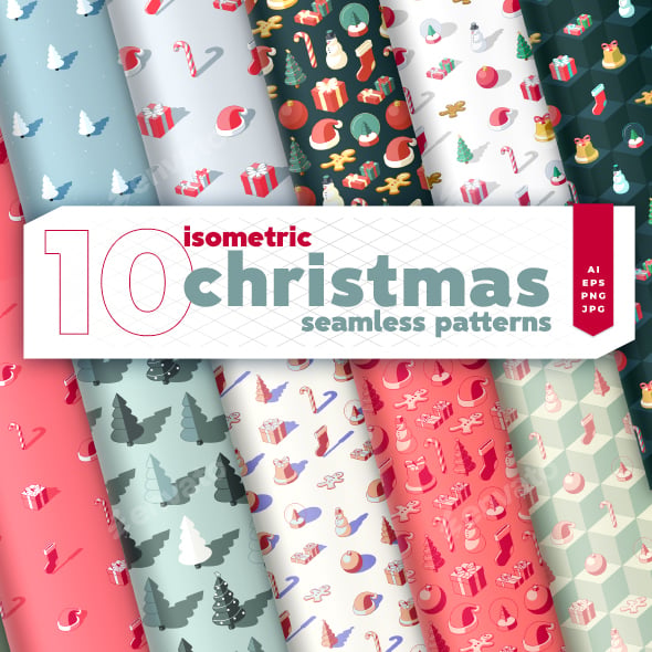 Isometric Christmas Seamless Patterns