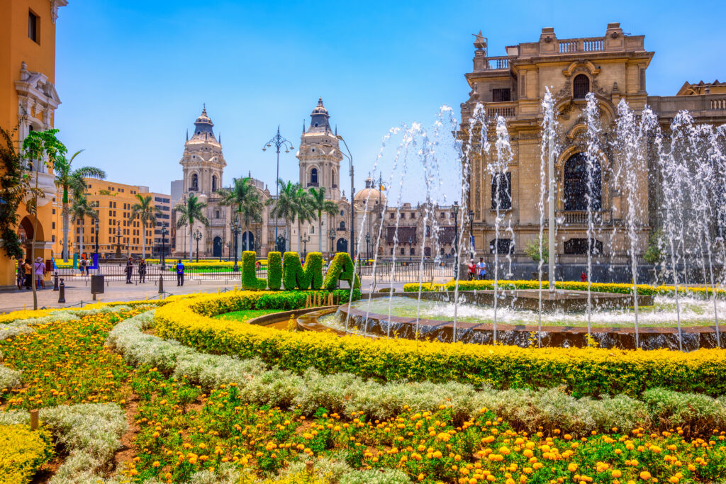 Plaza de Armas and the Lima Cathedral in the Old town of Lima city, Peru. Plaza de Armas, or Plaza Mayor, is one of the main squares in the historic center of Lima.