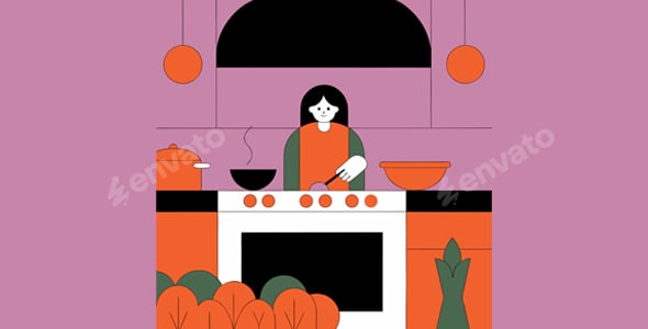 Woman Cooking in Modern Kitchen Flat Illustration