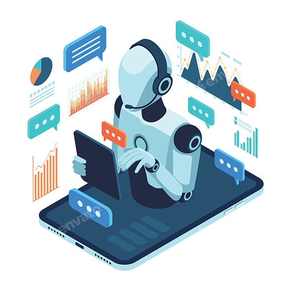 Isometric AI Customer Support Robot Assisting User