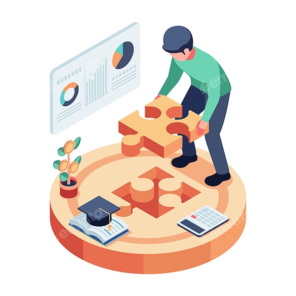 Isometric Man Solving Financial Literacy Puzzle