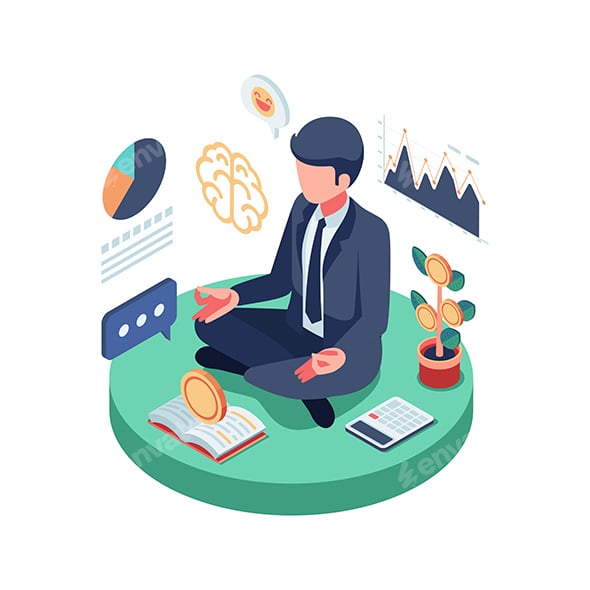 Isometric Meditating Businessman Managing Personal Finance