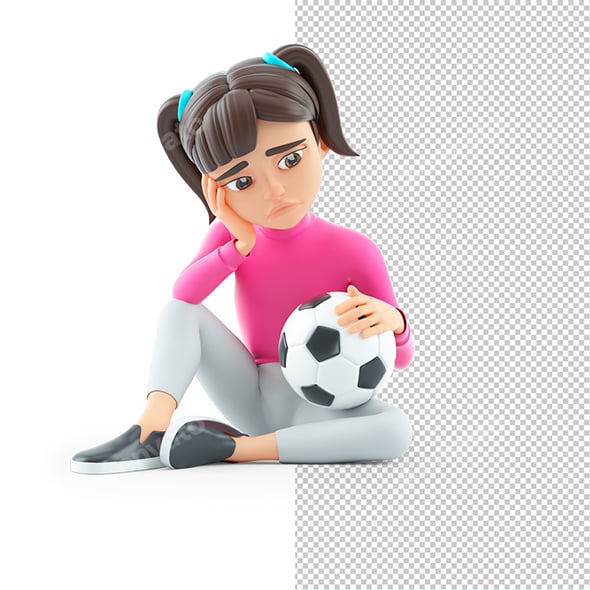3D Sad Girl Sitting on Floor with Soccer Ball