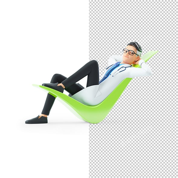3D Cartoon Doctor Lying Down on Check Mark