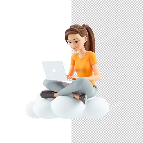 3D Woman Sitting on Cloud and Using Laptop