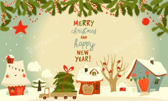 Cartoon Illustration with Cute Christmas Houses