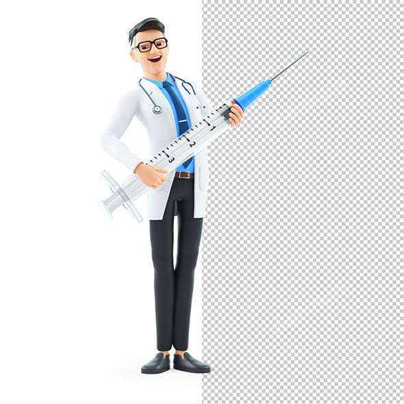 3D Cartoon Doctor Holding Large Syringe