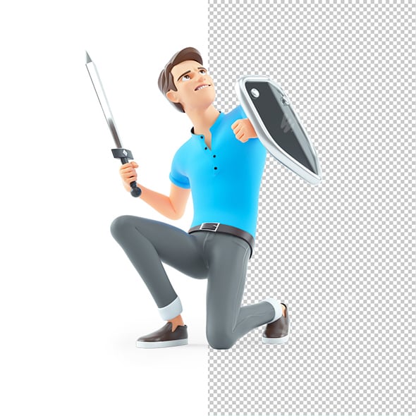 3D Man with Shield and Sword Defending