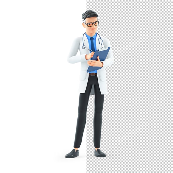 3D Cartoon Doctor Writing on a Notebook