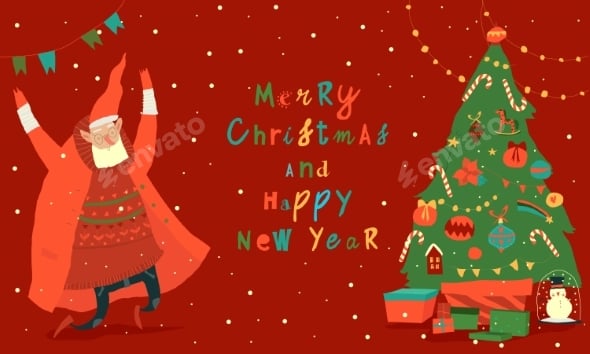 Santa Claus Jumping Near Christmas Tree
