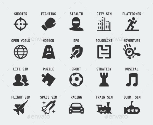 Video Game Genres Vector Icons Set